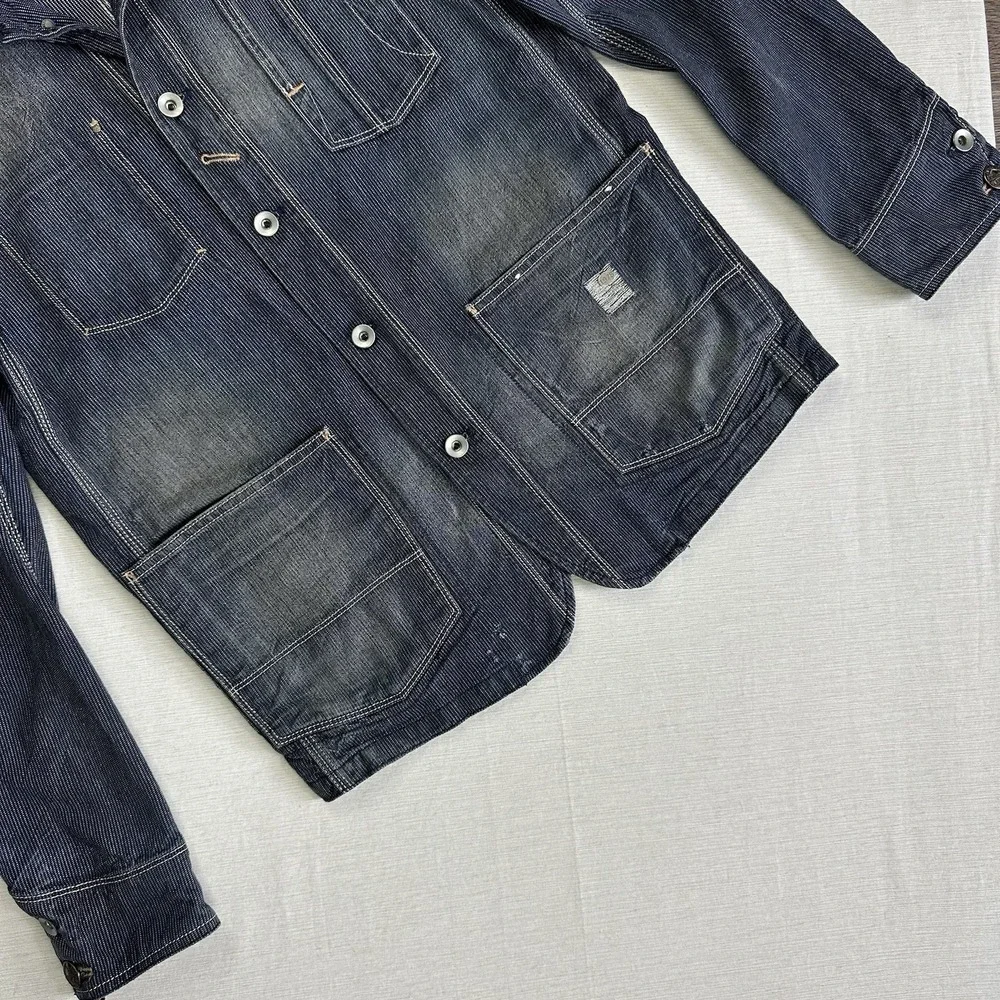 Diesel Railroad Stripe Denim Jacket Sanforized Chinstrap Men Medium Western Fade